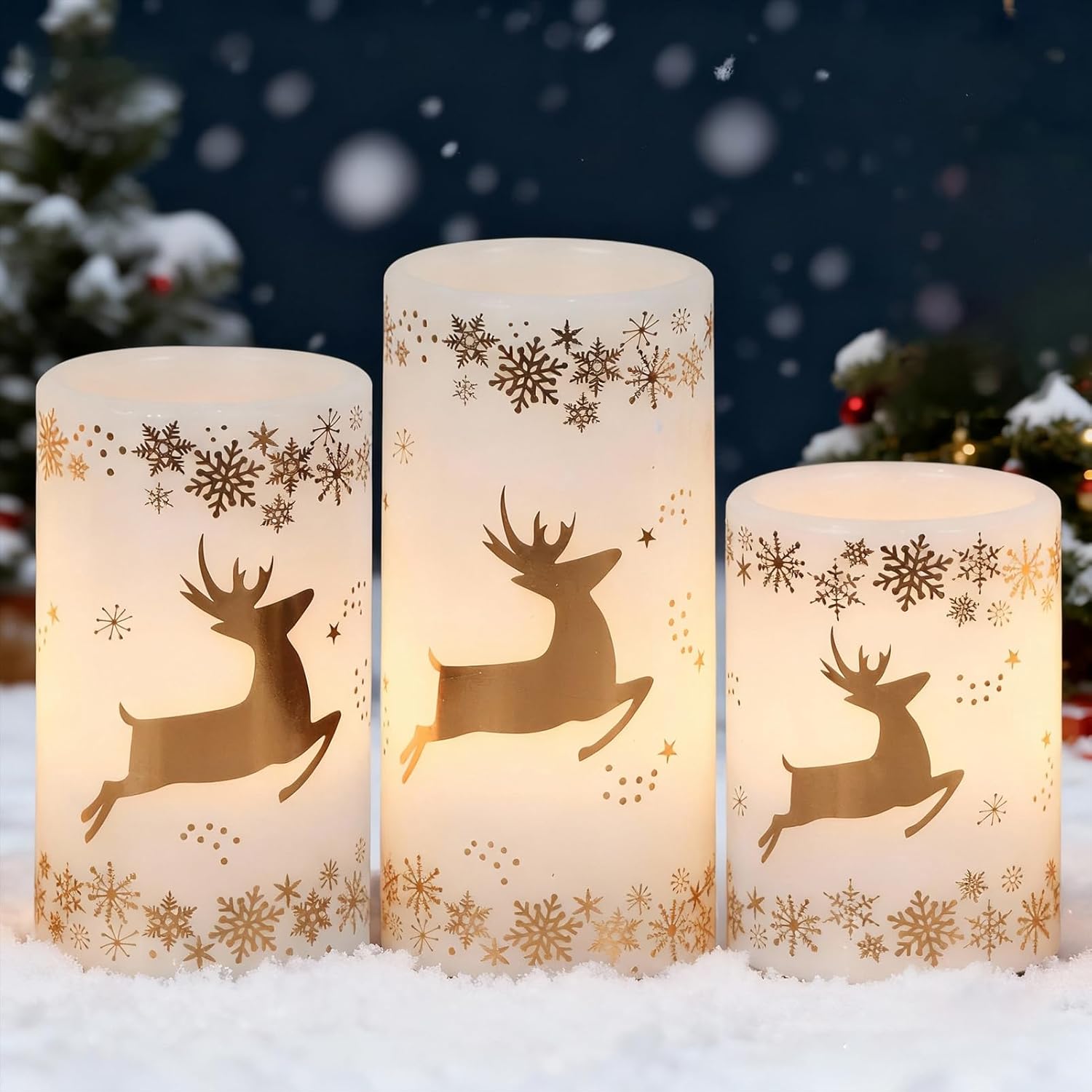 Golden Reindeer Christmas Candles with 6H Timer, Real Wax LED Candles Flameless Flickering, Battery Operated Candle Pillar for Home Décor Christmas Decorations Gifts, 3x4/5/6 inches